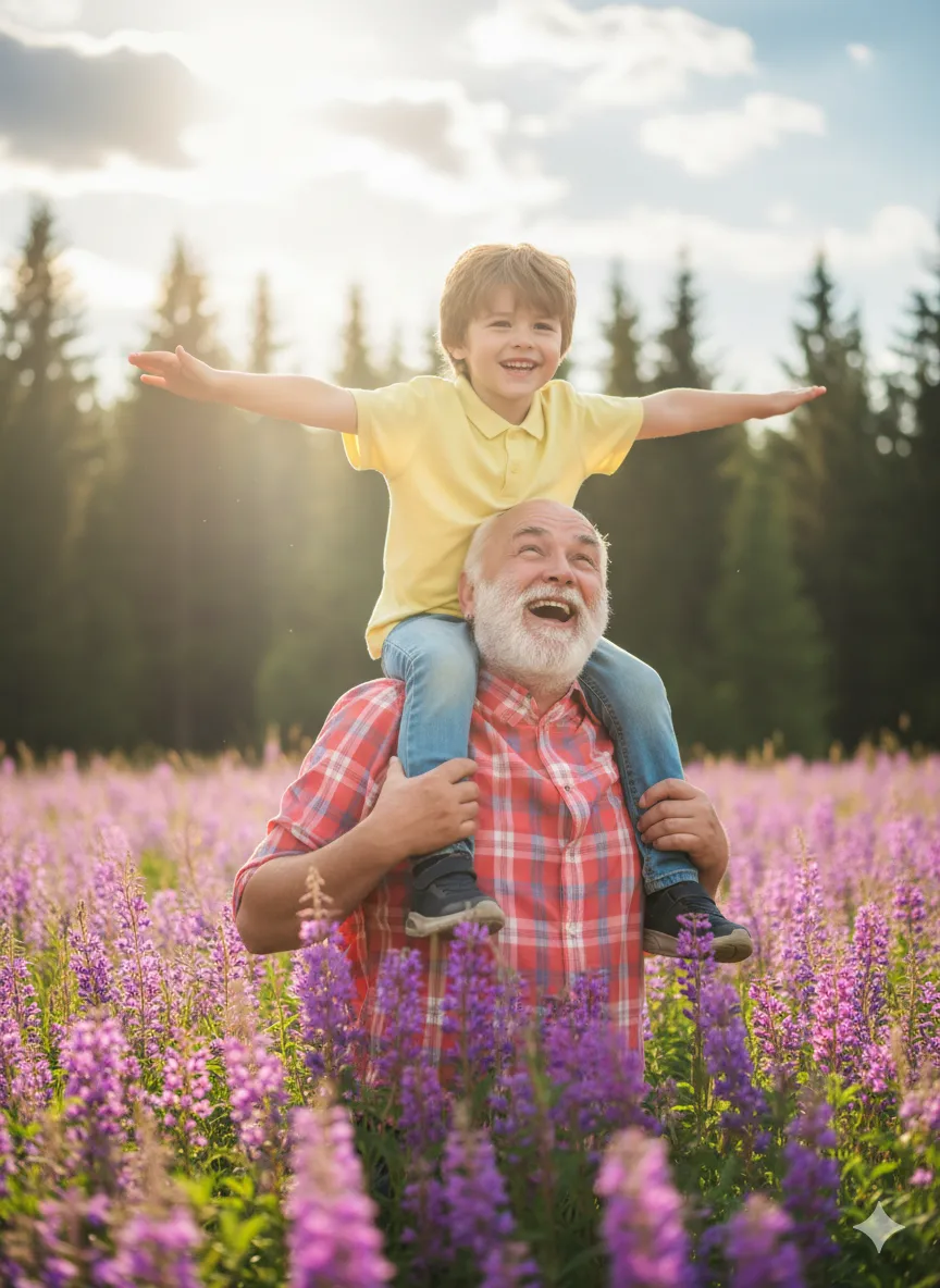 Abuelo jugando con su nieto en un campo de flores